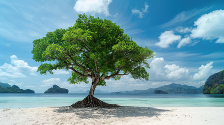 Green tree on a white sand beach.の素材