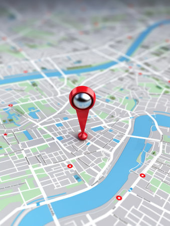 3D Map travel location. Locator mark of map and location pin or navigation icon sign on background with search.の素材