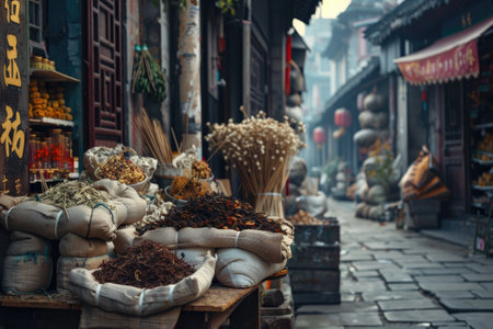 Assortment of dried plants used for traditional Chinese herbal medicine. Market in the streetの素材
