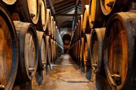 Wooden oak Port barrels in neat rowsの素材