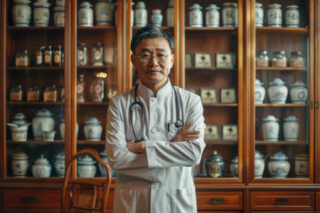 Portrait of doctor in front of traditional Chinese medicine cabinetの素材