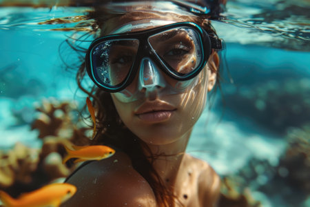 Woman in snorkeling mask dive underwater, see tropical fishes in coral reef sea. Travel adventureの素材