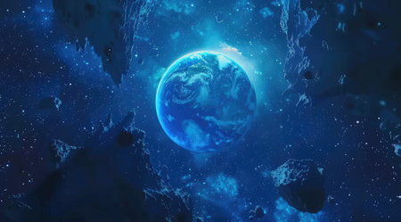 Stunning Earth view from space with asteroidsの素材