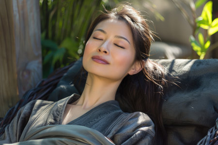 Asian woman enjoying a spa day amidst natureの素材