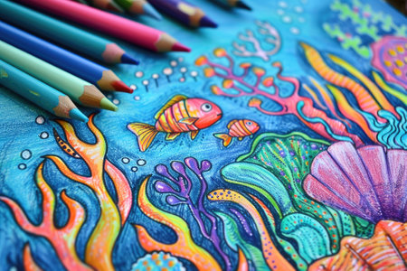 Colorful underwater scene drawn with colored pencilsの素材