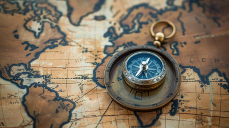 Vintage compass lies on an ancient world map.の素材