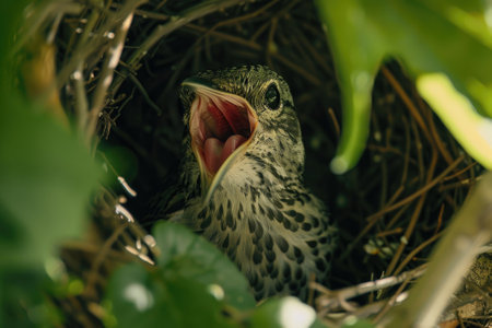 Young bird in nest with open mouth waiting to be fed.の素材