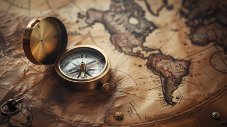 Vintage compass lies on an ancient world map.の素材
