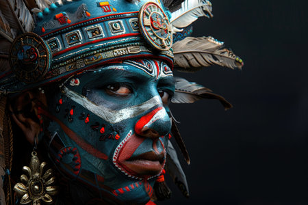 Face of an Aztec warrior on a black backgroundの素材