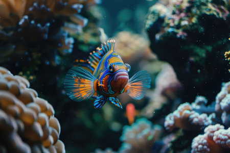 Fish over a coral reef in the sea.の素材