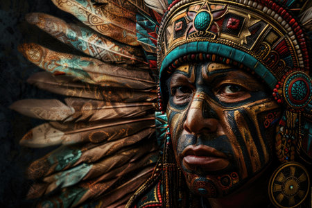 Face of an Aztec warrior on a black backgroundの素材