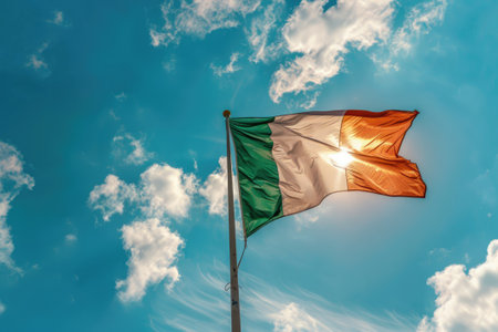 Ireland flag waving on blue sky backgroundの素材