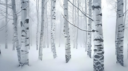 Snowy trunks of birch trees in winter forestの素材