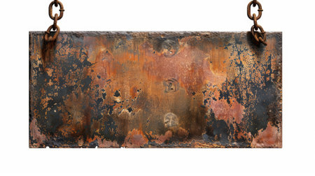 Old rusty tin sign hanging on a chainの素材