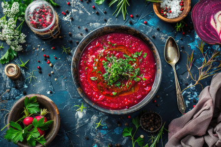 Bowl of red beet root soup borsch.の素材