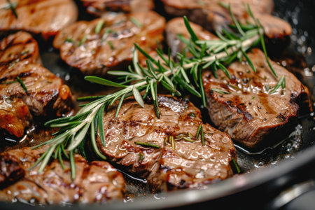 Juicy steak in a pan with a branch of rosemary. Cooking steak.の素材