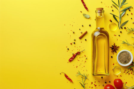 Bottle of olive oil and spices on yellow backgroundの素材