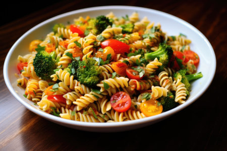 Pasta fusilli with broccoli, carrot, corn, and tomatoes.の素材