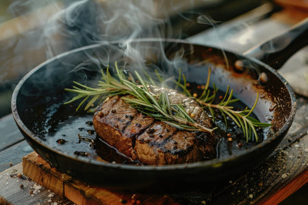 Juicy steak in a pan with a branch of rosemary. Cooking steak.の素材