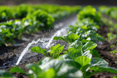 Lettuce in the field. Precision irrigation systems for efficient water use in agriculture.の素材