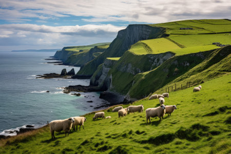 Green cliffs and sheep by the seaの素材