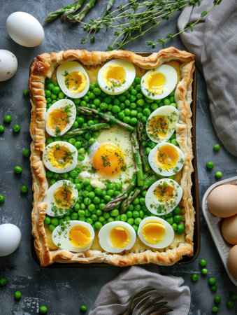 Fresh spring tart with green peas, boiled eggs and asparagus on puff pastryの素材