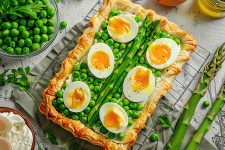 Fresh spring tart with green peas, boiled eggs and asparagus on puff pastryの素材