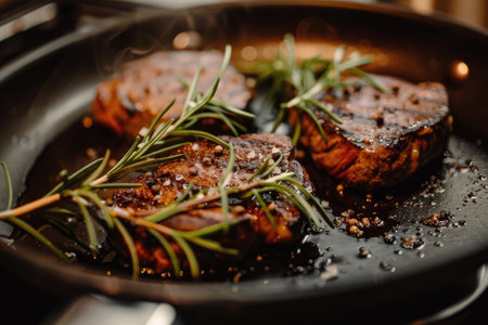 Juicy steak in a pan with a branch of rosemary. Cooking steak.の素材