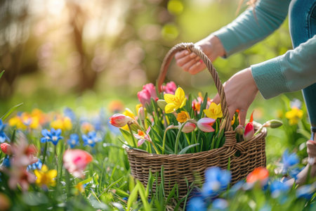 A woman gardener picks spring flowers in the spring garden and puts the flowers in a basketの素材