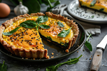 Savory tart of rich egg custard, spinach and cheese with cut out a slice on the plateの素材