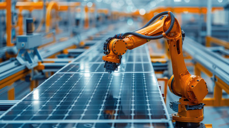 Industrial robotic arm on a production line in a modern solar panel factoryの素材