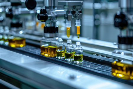 Medical ampoule production line at modern pharmaceutical factory. Medication manufacturingの素材