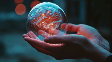 Hands cradling a glowing artificial brainの素材