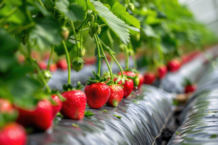 Strawberries hanging from plants in greenhouseの素材