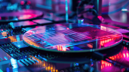 Robotic manufacturing of semiconductors and computer chips from silicon wafers. Modern technology conceptの素材