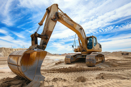 Excavator in the sand at the construction site.の素材