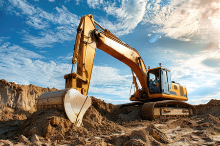 Excavator in the sand at the construction site.の素材