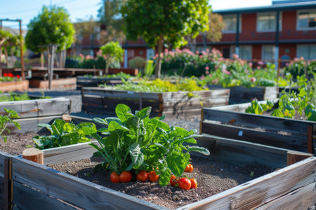 Community kitchen garden. Raised garden beds with plants in vegetable community garden.の素材