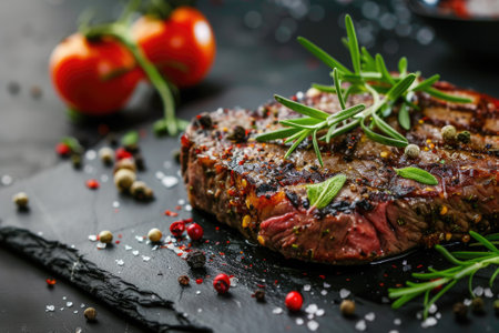 Grilled steak seasoned with spices and fresh herbs on slate. Gourmet food and cuisine.の素材
