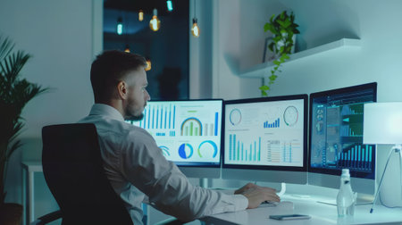 Businessman working on computer, analyzing business data, graphs and diagrams in modern office.の素材