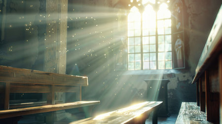 Light falling through a window in an old church with wooden pews. Religious and spiritual enlightenmentの素材