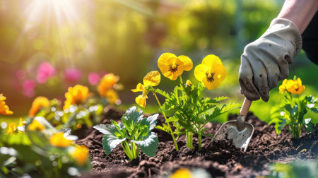 Planting flowers in sunny gardenの素材