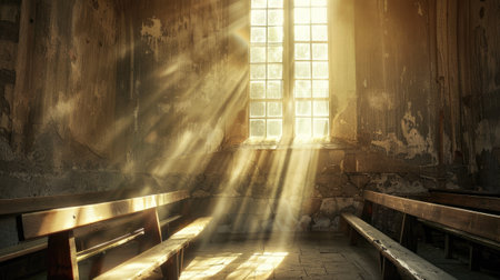 Light falling through a window in an old church with wooden pews. Religious and spiritual enlightenmentの素材