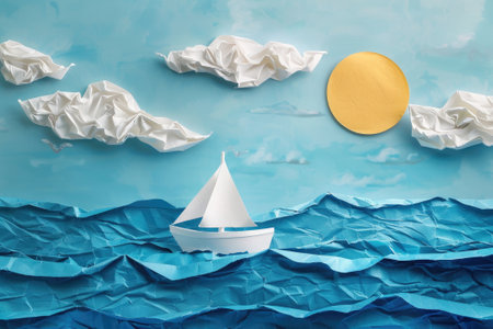 Handmade paper sailboat on a crafted blue ocean and sky with paper sun and clouds, showcasing creativity and art and craftの素材