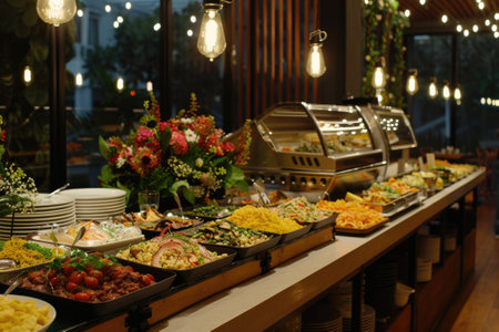 Catering buffet food on a long table in a hotel restaurantの素材