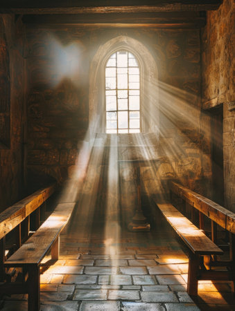 Light falling through a window in an old church with wooden pews. Religious and spiritual enlightenmentの素材