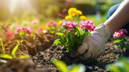 Planting flowers in sunny gardenの素材