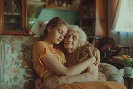 An affectionate young girl hugs her grandmother, conveying love and family bonds in a warm indoor settingの素材