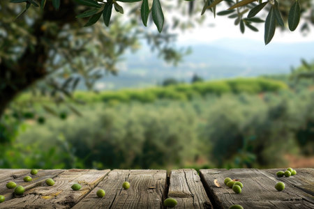 Old wooden table for product display with natural green olive field and green olivesの素材