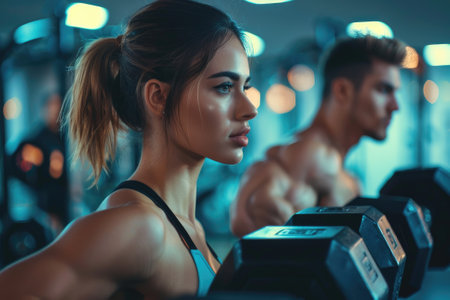 Sporty attractive woman and handsome muscular man lifting weights in the gym.の素材
